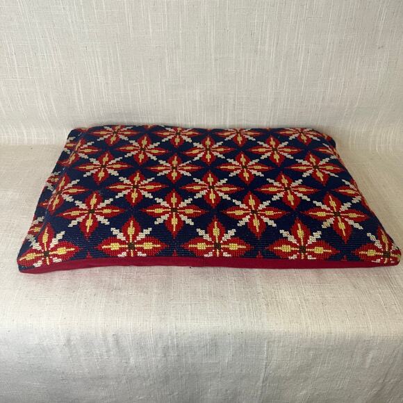 Vintage Navy Blue Red Geometric Petit Point Cushion Pillow Foam Insert Handmade - Picture 3 of 10